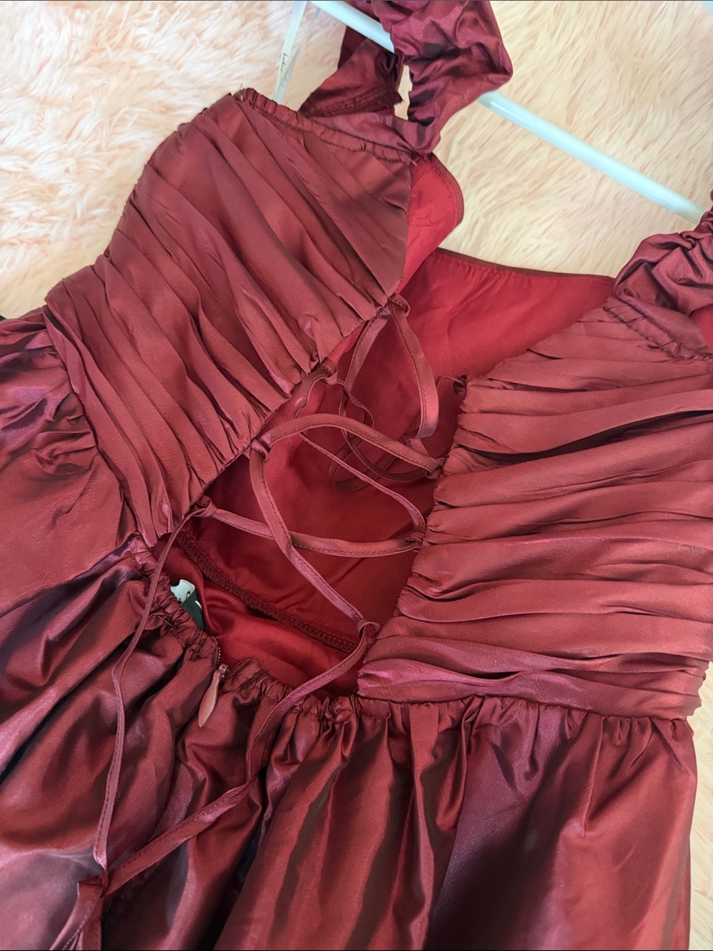 NWT Lulus Burgundy Square-Neck Taffeta Lace Up Back Midi Dress - Picture 7 of 10